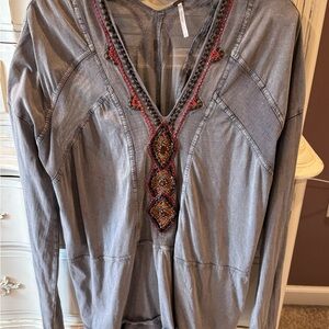 Free People Gray V-Neck Tunic with Beaded Detail